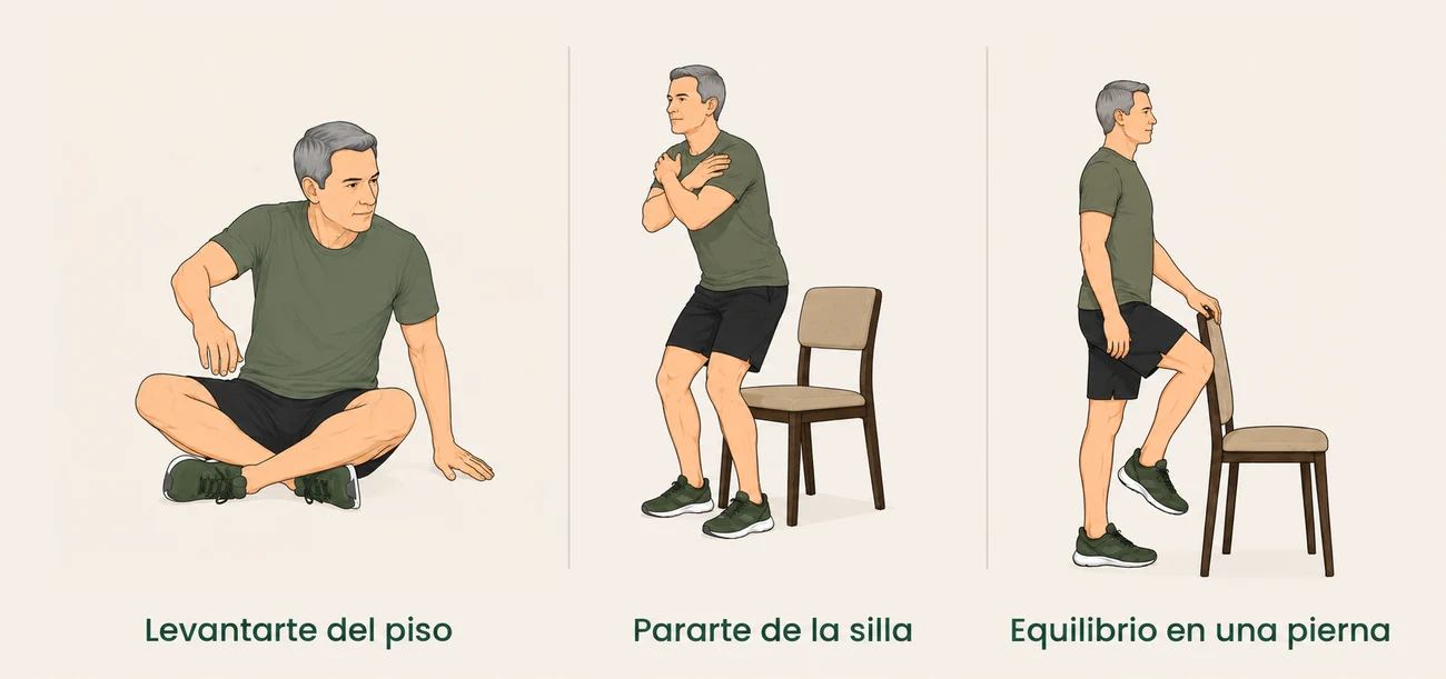 Las tres pruebas de la autoevaluación: levantarte del piso, pararte de la silla y equilibrio en una pierna