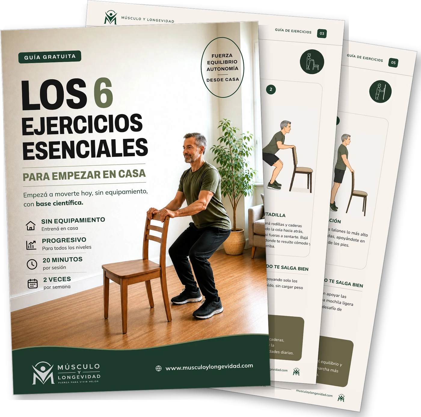Portada y páginas interiores de la guía Los 6 ejercicios esenciales para empezar en casa